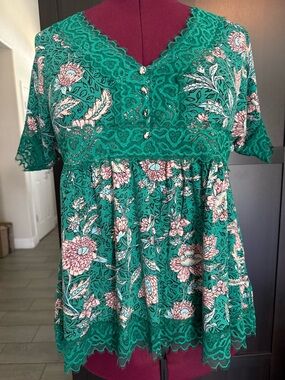 torrid Green Floral Lace-Trim Peplum Tunic 00 (large)